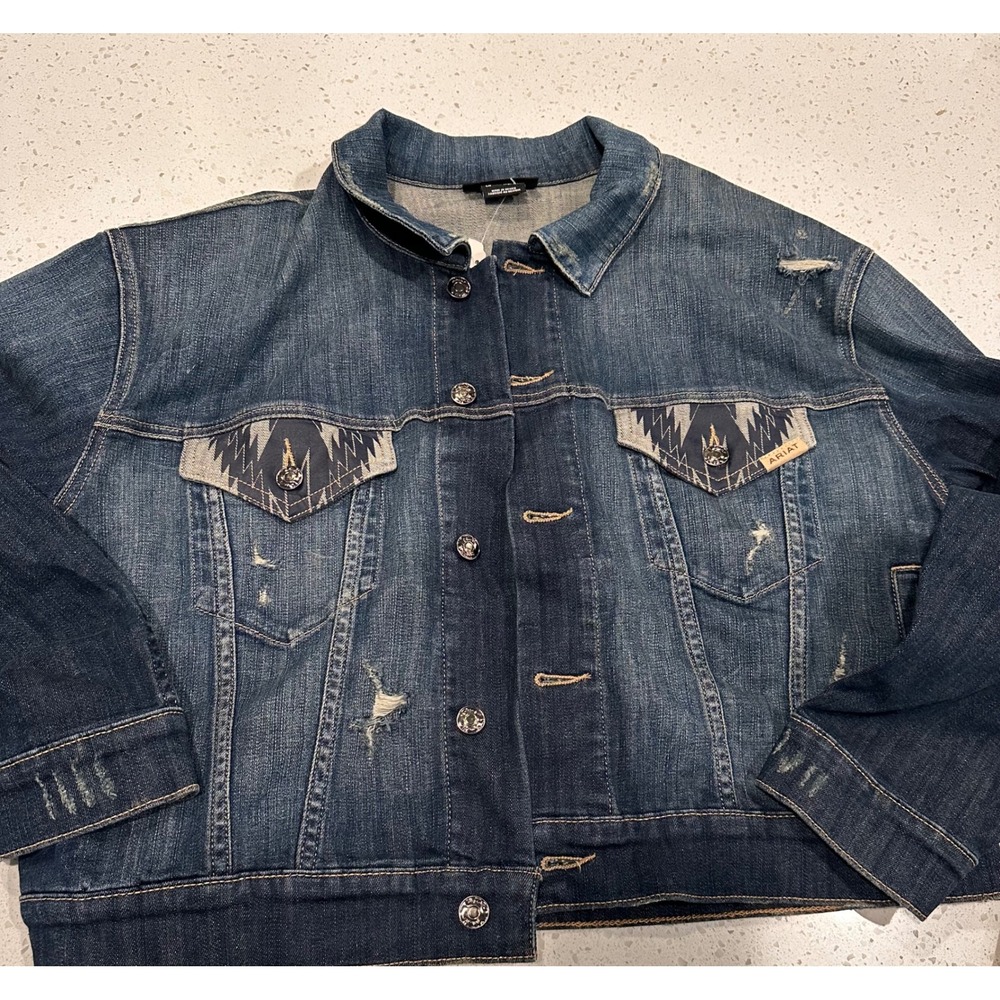 Ariat Real Burbank Denim Jacket Womens Large Distressed Southwestern Print Blue